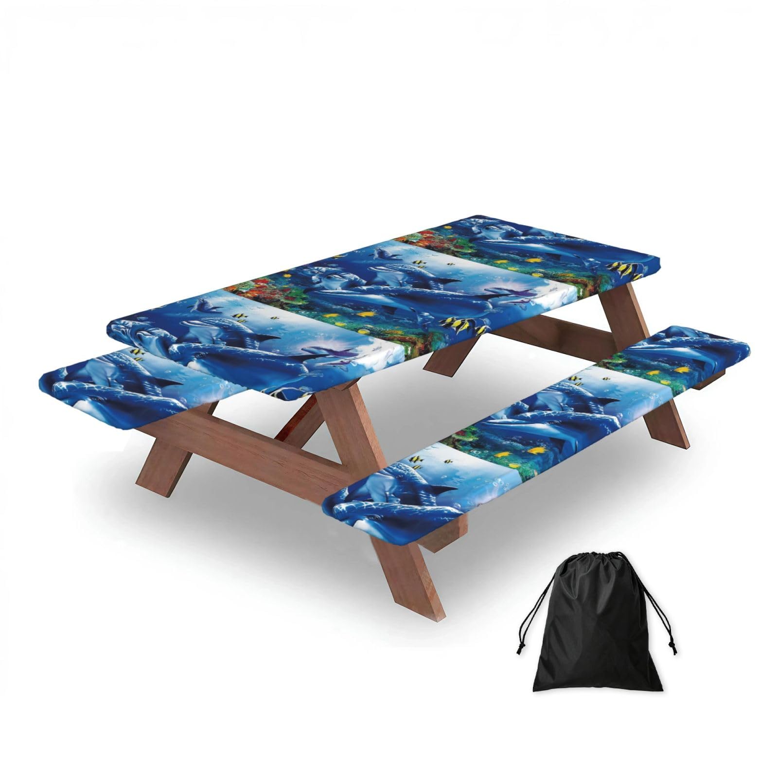 Marine Life Blue Sea World Coral Dolphin, Picnic Table Cover With Bench Covers -Waterproof Elastic Fitted Tablecloth for Garden Camping Patio 76x152cm
