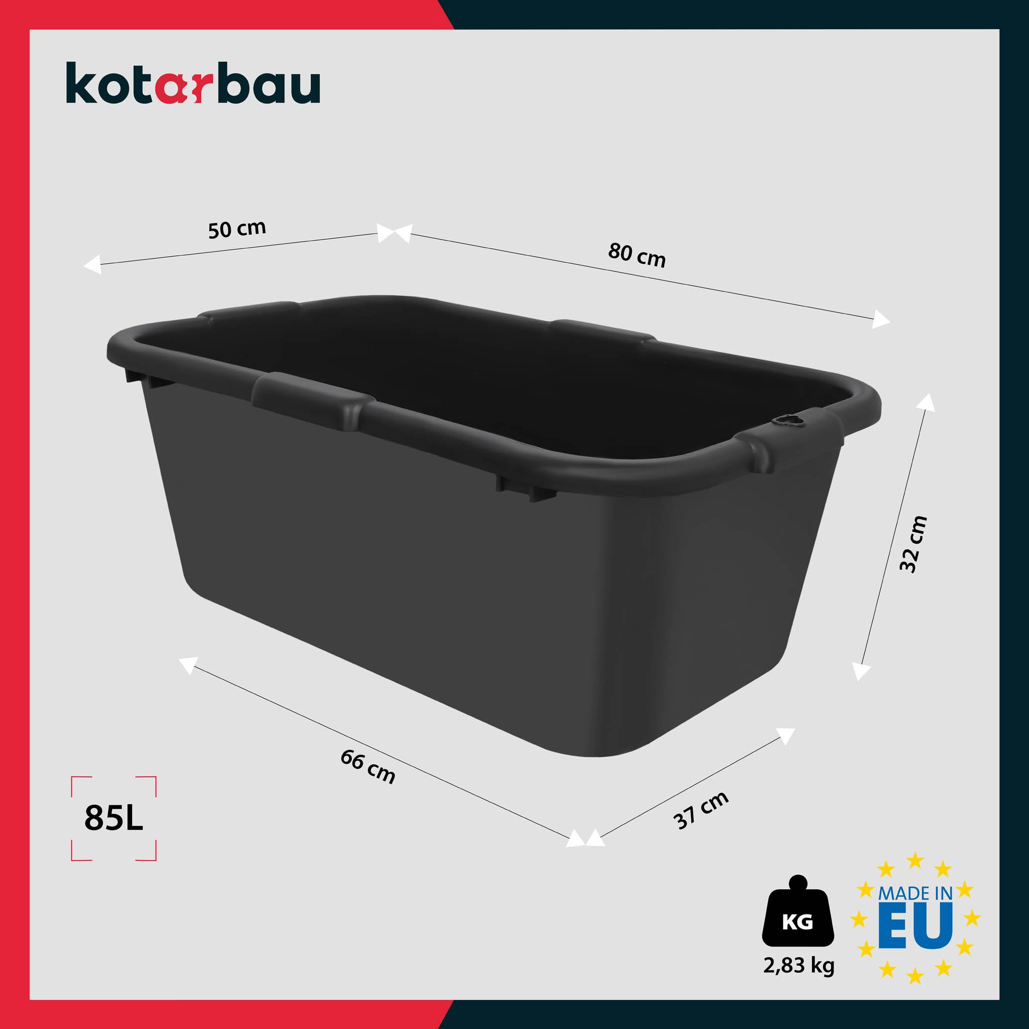 KOTARBAU® Bac à mortier rectangulaire en plastique noir - 85 l - 60 x 40 x 30 cm