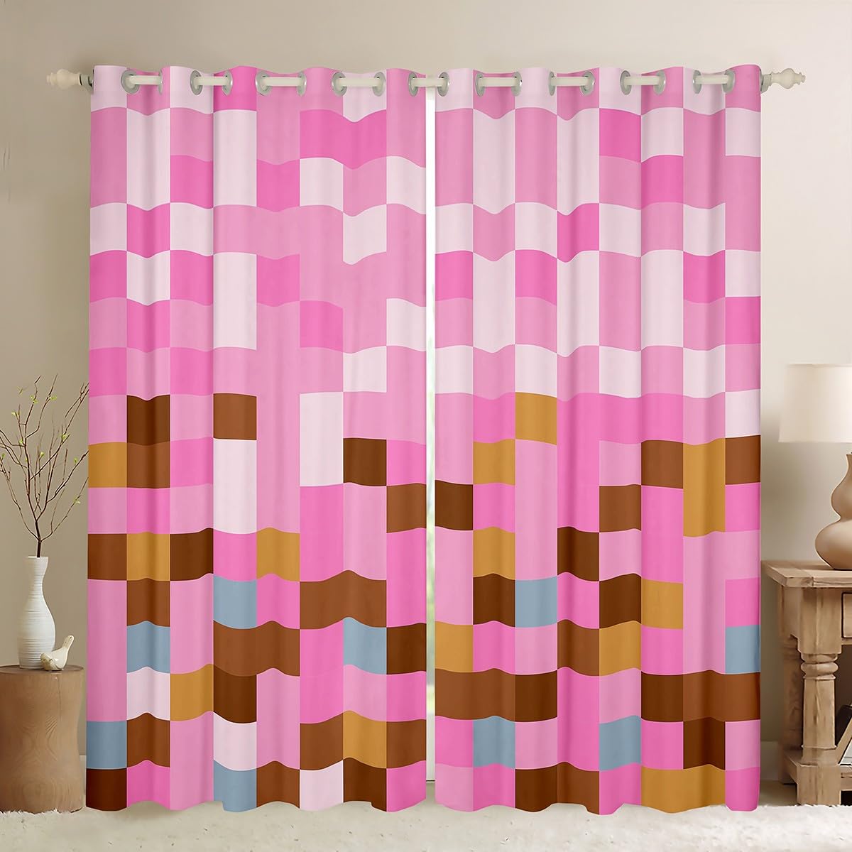 Rideaux pixelisés rose 167,6x228,6 cm pour déco de fenêtre gaming