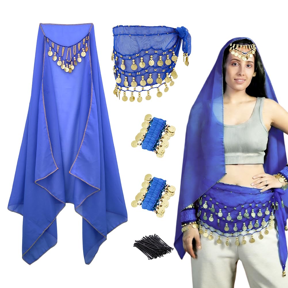 TNKBREEZE Blue Belly Dancer Outfit Sets including 2pcs Dance Wrist Bracelets 1pc Dance Waist Scarf 1pc Polyester Headpiece Cap and 100pcs Hair Bobby Pins for Yoga Dancing Outfits