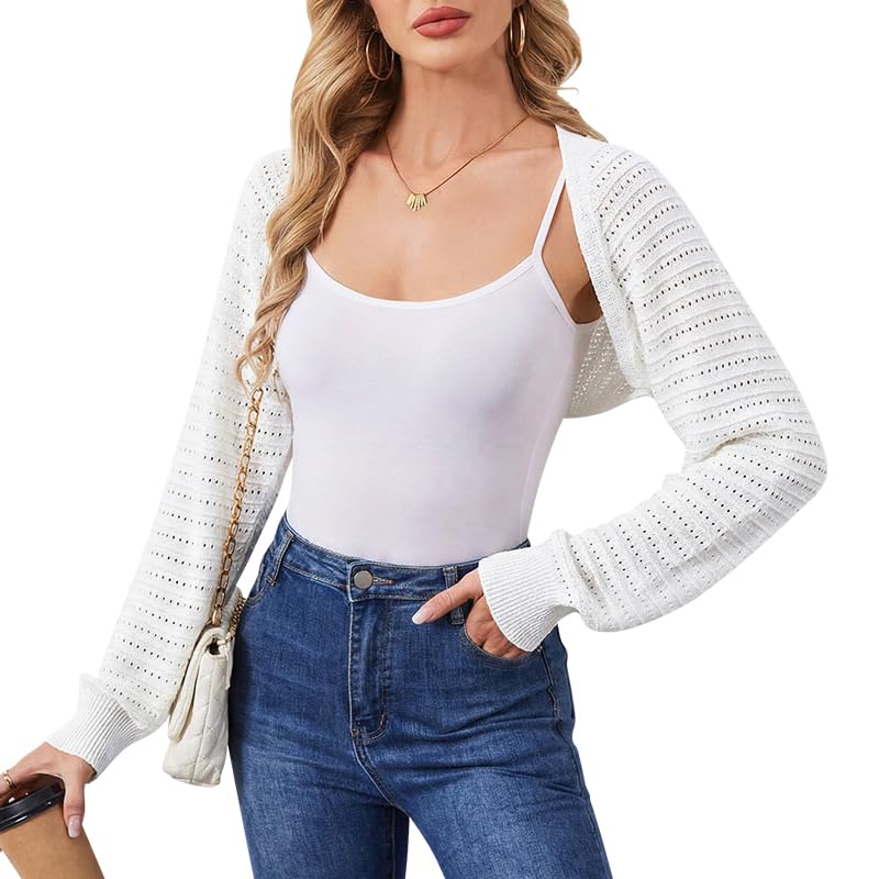 ZLIGXEA Bolero Chaqueta de punto corta para mujer, de gran tamaño, elegante, ligera, con diseño de agujeros, manga larga, Blanco, XL