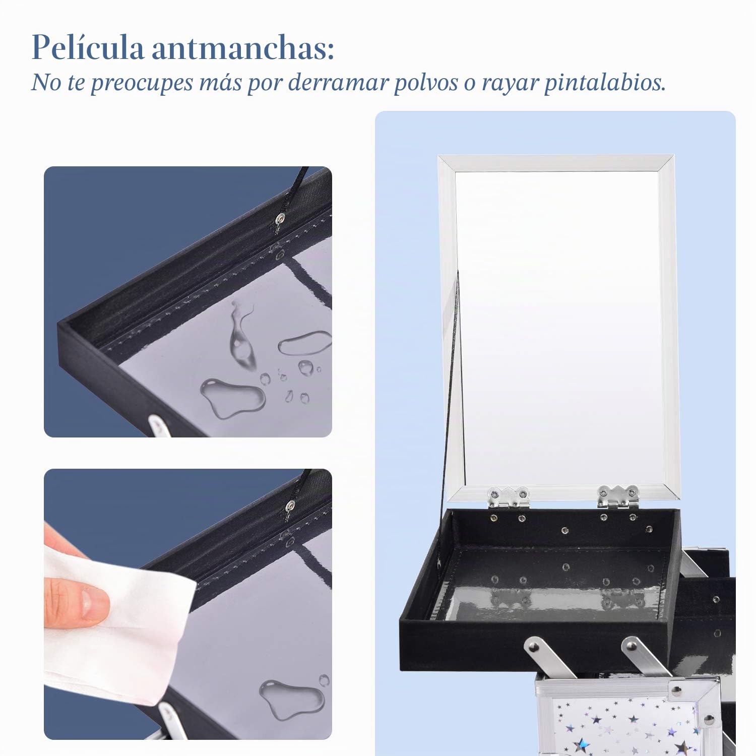 Joligrace Estuche organizador de maquillaje para cosméticos, caja de almacenamiento de belleza, caja de tocador con espejo con cerradura y llaves, Estrella holográfica blanca
