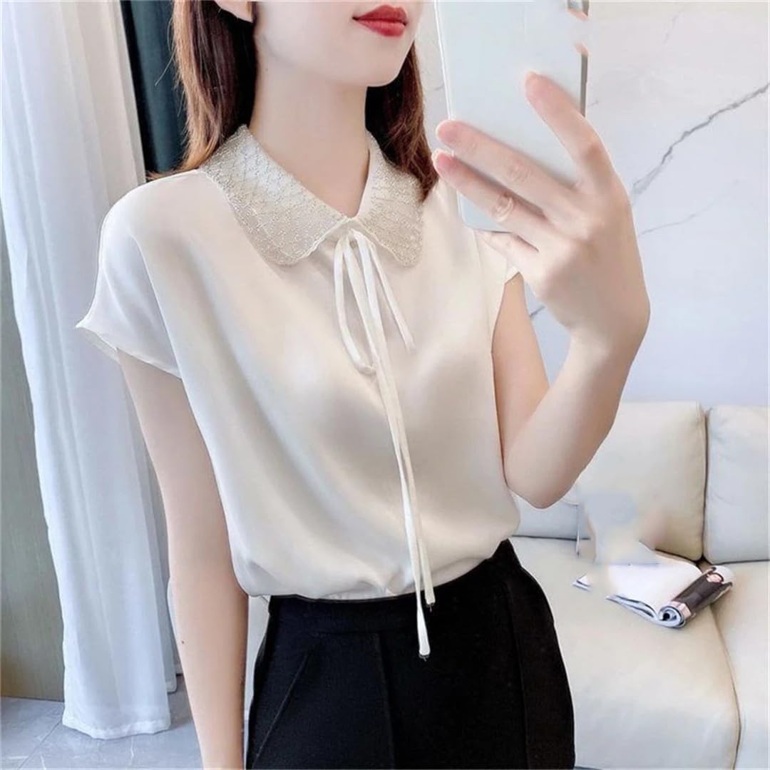 Camicetta da donna estiva in raso con fasciatura patchwork in pizzo a maniche corte camicetta tinta unita Top
