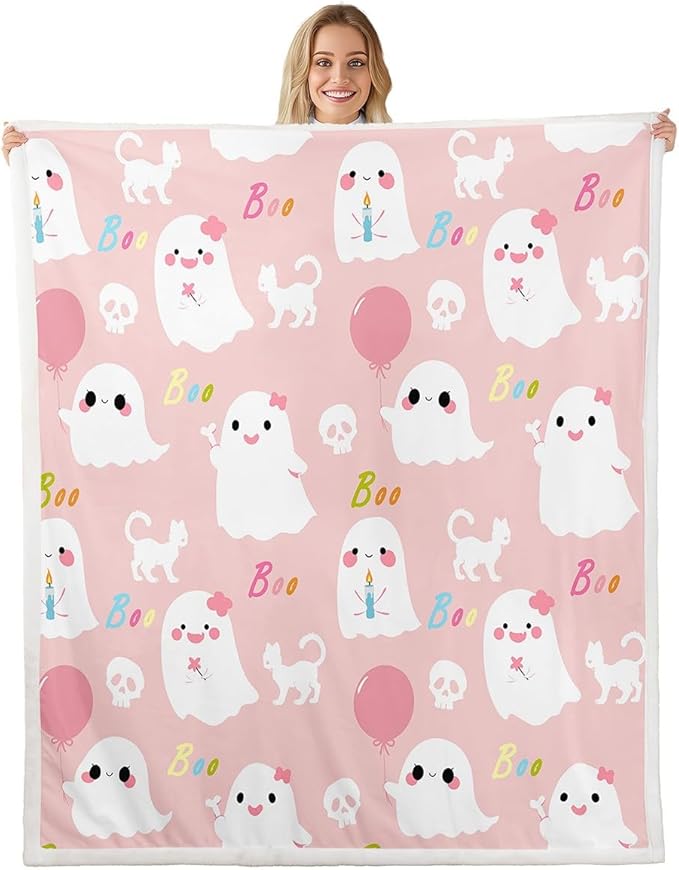 Erosebridal Kids Cartoon Ghost Fleece Blanket Twin 60x80 Kawaii Pink Halloween Sherpa Blanket Happy Halloween Theme Fuzzy Plush Throw Goth Sugar Skull Cat Decor