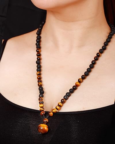 Miniatura 4 de Jewever Lapislázuliojo de tigre con colgante de roca de lava, collares de cristales curativos para mujeres y hombres, difusor de aceites esenciales,