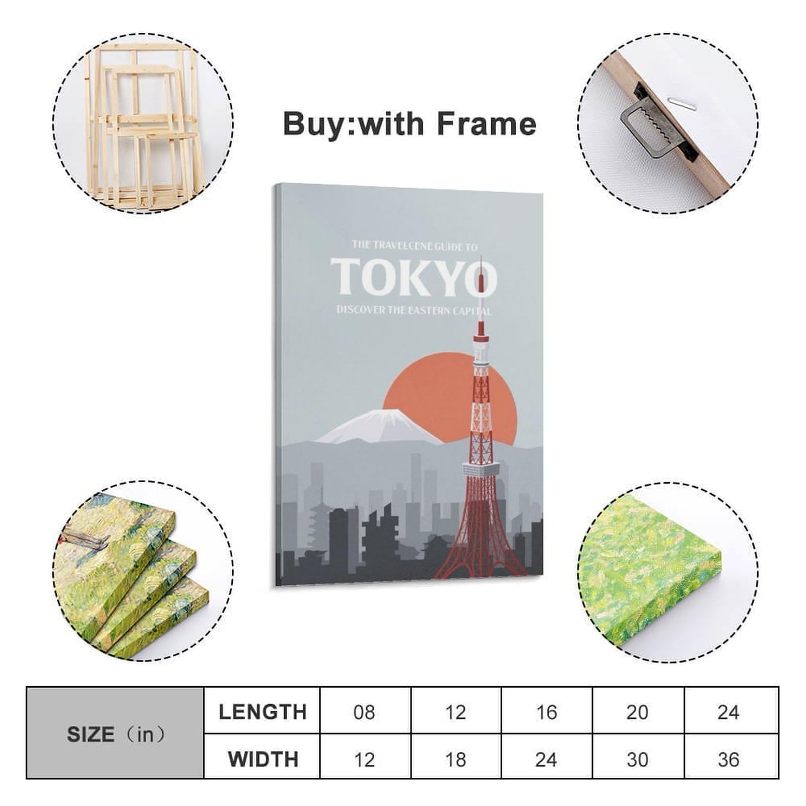 WIZIGM Vintage-Poster Tokio, Japan, Reiseführer und Turm. jpg Poster, moderne Wandkunst, Leinwand, ästhetische Dekoration, Gemälde, 60 x 90 cm, Rahmenstil