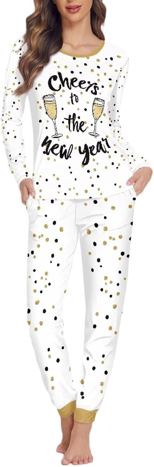 New Year Pajama Sets For Women 3D Print Funny Pattern Round Neck Pajamas 2Pcs Set Warm Sleepwear Casual Home Wear