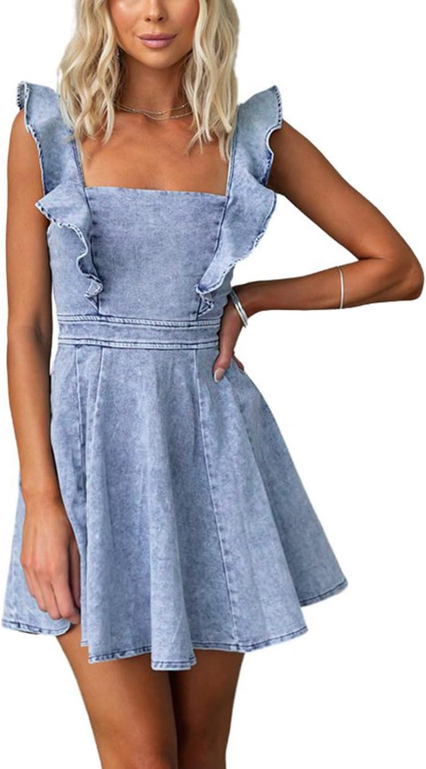 utcoco Denim Dress for Women Ruffle Adjustable Strap Sleeveless Backless Babydoll Mini Jean Dresses