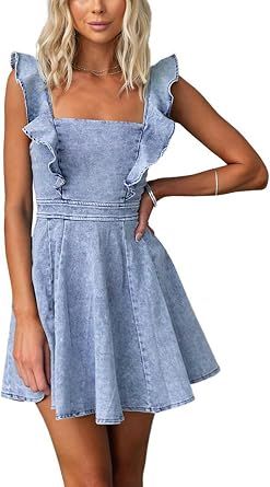 utcoco Denim Dress for Women Ruffle Adjustable Strap Sleeveless Backless Babydoll Mini Jean Dresses