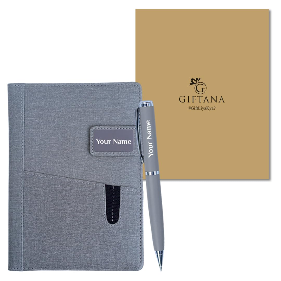 Giftana Personalized Jute Diary with Pen Gift Set, Customized 2 in 1 Organiser Office Diaries Notebook A5 Size, Diwali Corporate Gifts for Employee (Grey)