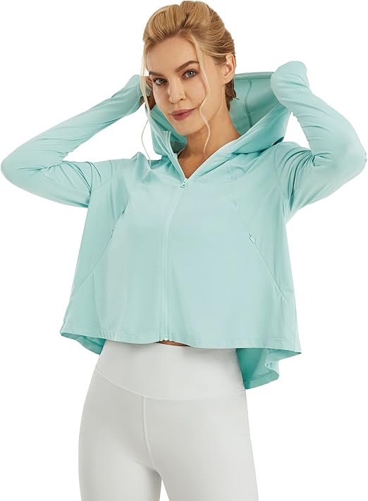 Womens UPF 50+ Sun Protection Hoodie Shirts Lightweight Quick Dry Long Sleeve Zip Jacket with Pocket Hiking Outdoor