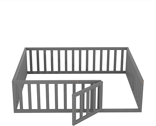 Miniatura 4 de Cama Montessori de tamaño matrimonial para niños, marco de cama con barandillas en forma de valla, listones de apoyo y puerta, cama matrimonial de