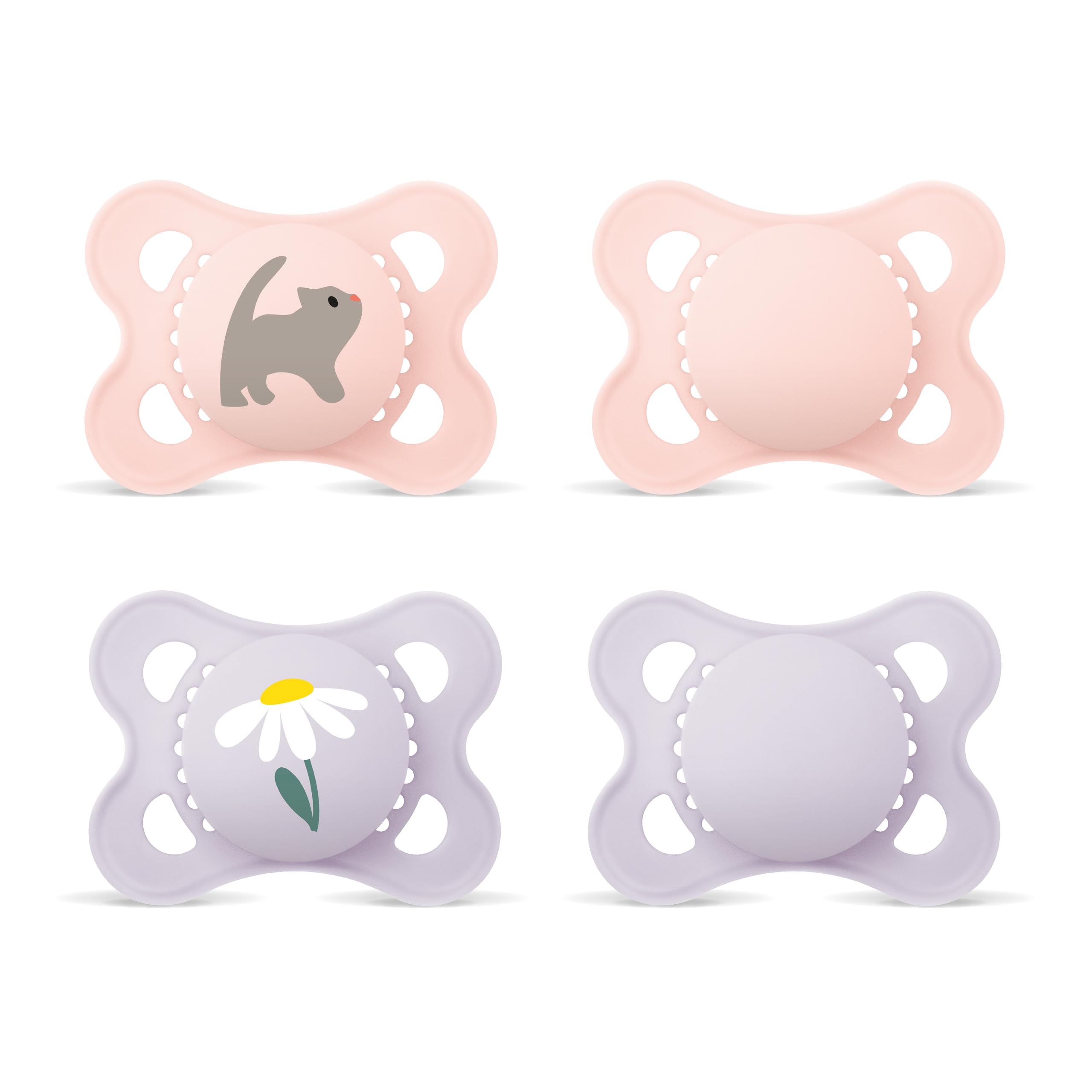 MAM Original Schnuller | 0-6 Monate | Schnuller-Set für Neugeborene | 94% Akzeptanz | beugt Zahnfehlstellungen vor | Babyschnuller aus SkinSoft Silikon | Katze/Blume | 4 Stück