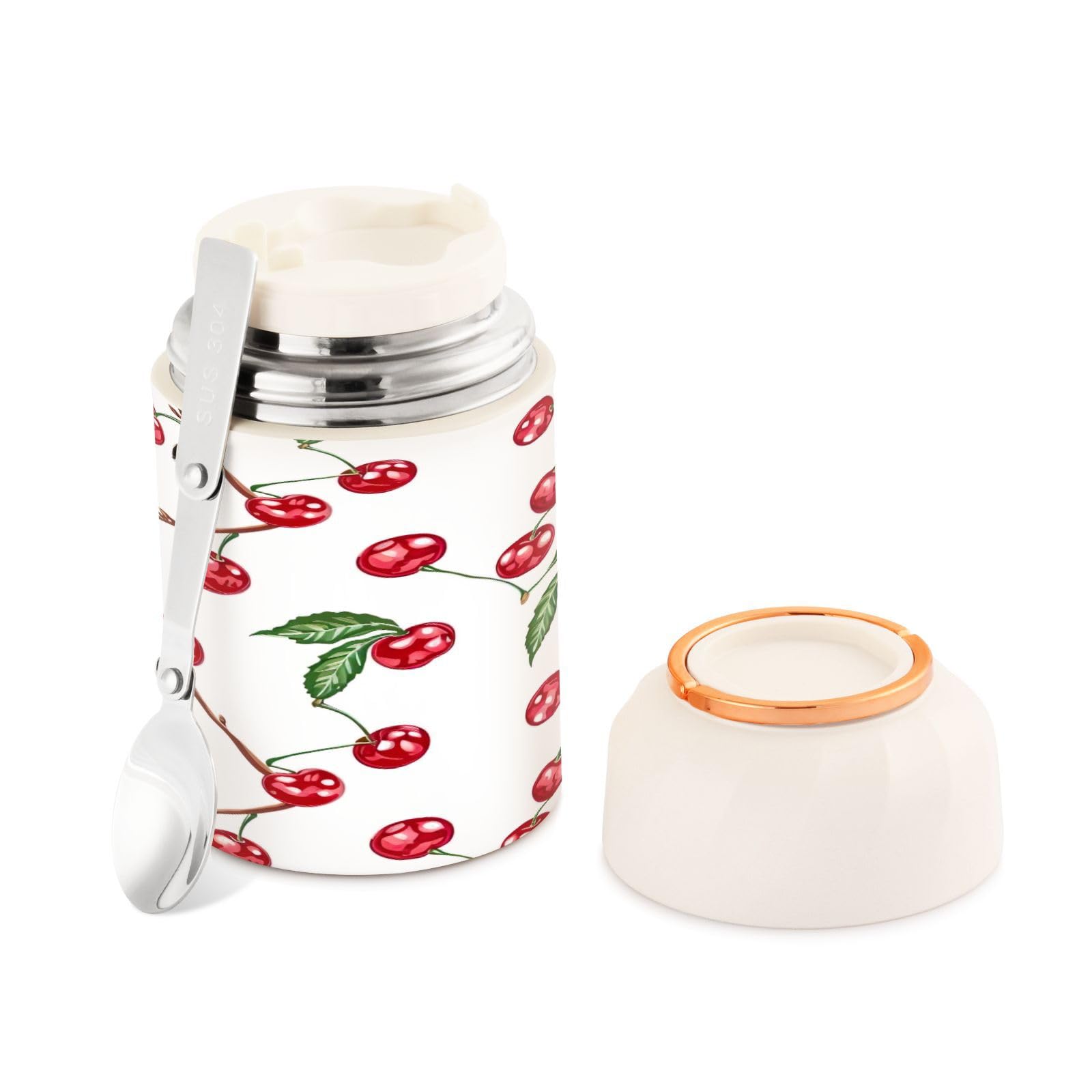 Ewusp Cherry Food Flask for Adults 500ml Stainless Steel Double Walled Vacuum Insulated Food Jar with Folding Spoon BPA Free Leakproof Food Container for Hot Food Soup