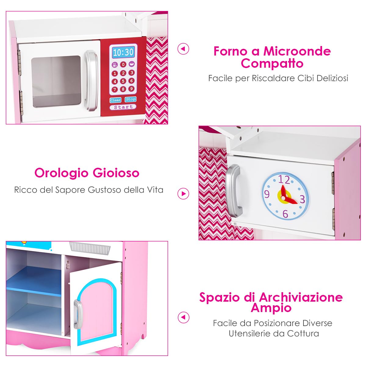 COSTWAY Cucina Giocattolo per Bambini in Legno, Cucina per Bambini con Forno, Microonde, Stufa a Gas, Lavello e Rubinetto, per 3 Anni+