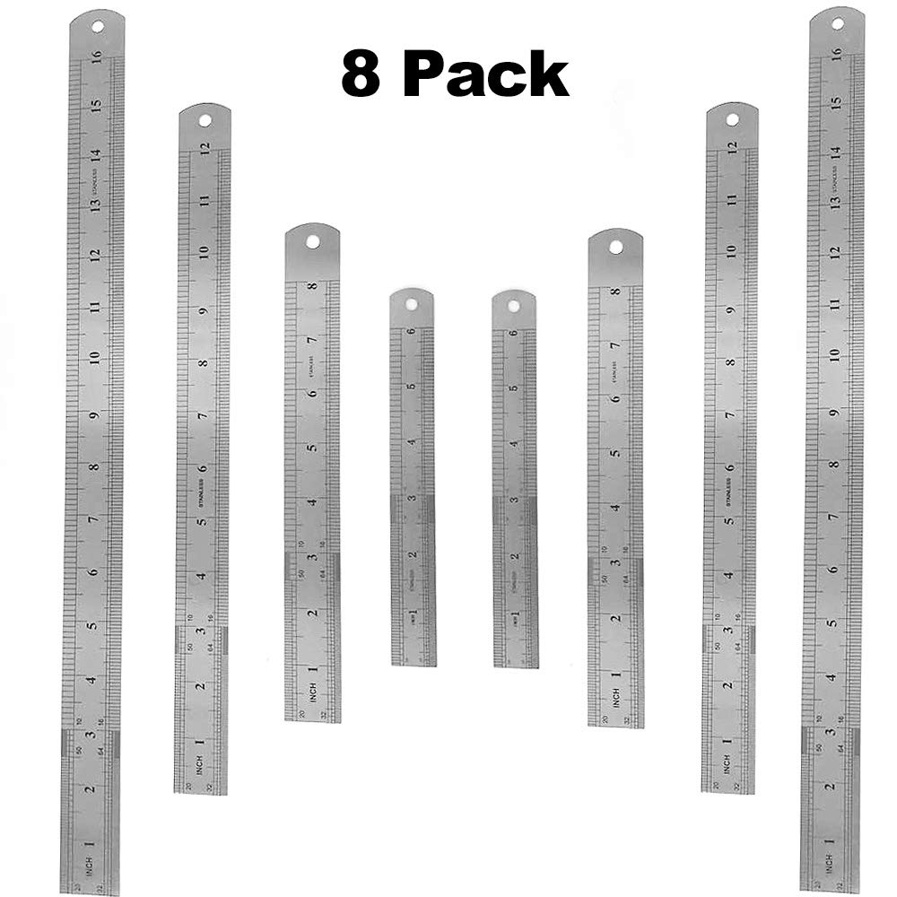 8PCS Stainless Steel Ruler with Conversion Table, Drawing Ruler, Ruler Inches and Centimeters, Metal Rule for School, Offic, Machinist And Engineering (16, 12, 8, 6 in)