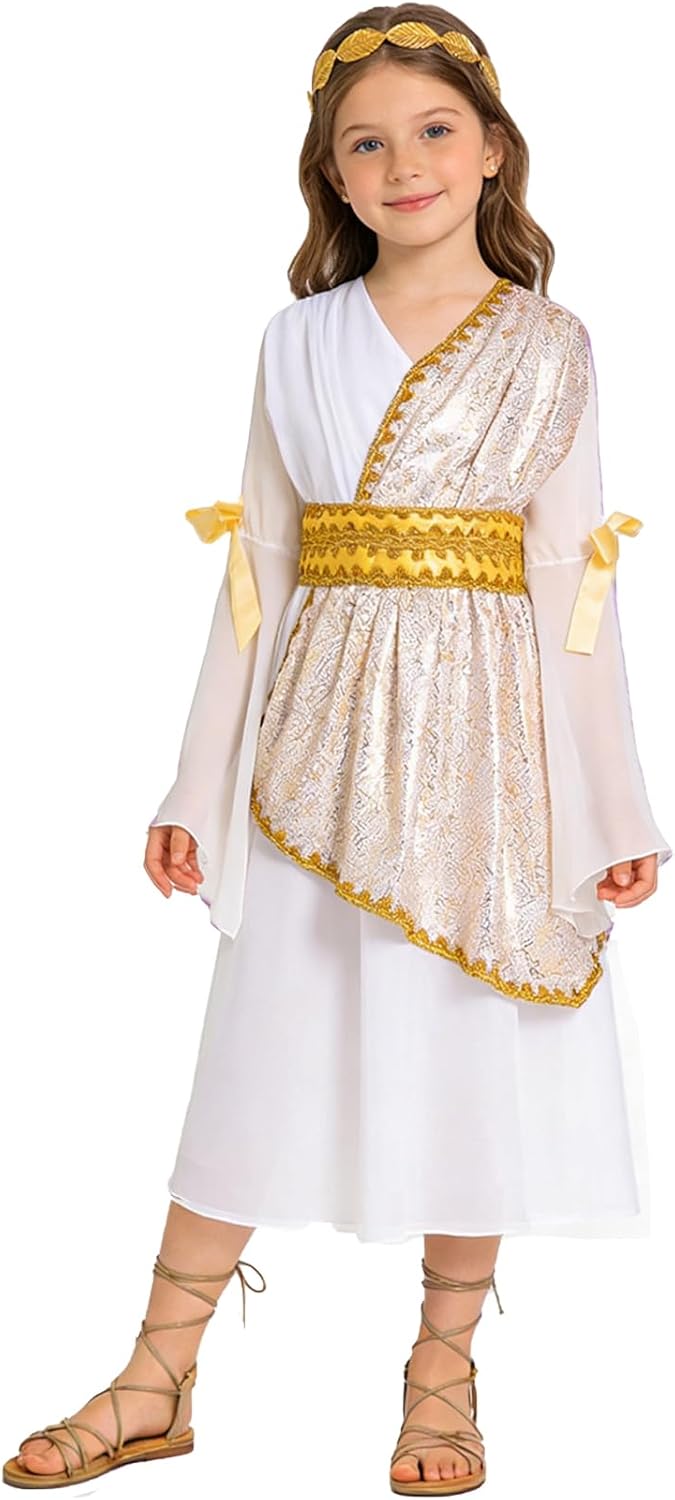 Little Girls Halloween Greek Goddess Costume Toga God Dress with Roman Crown Leaf Wreath