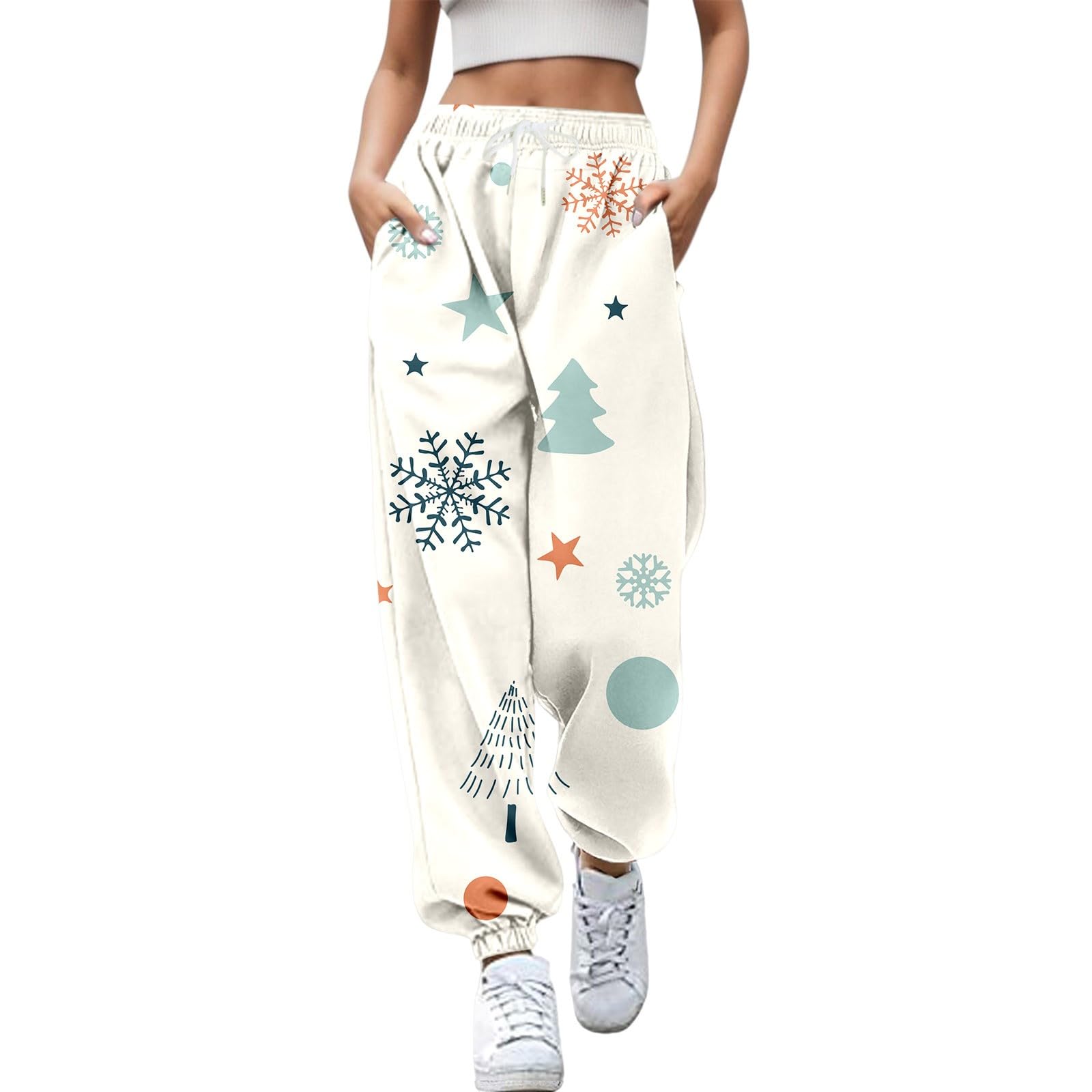 Produktbild von Weihnachtshose Damen Warme Baggy Sweathose High Waist Modern Hose Lang Leicht Freizeithose Lässige Sport Jogginghose Laufhose Mit Taschen Elastischer Bund Fleecehose