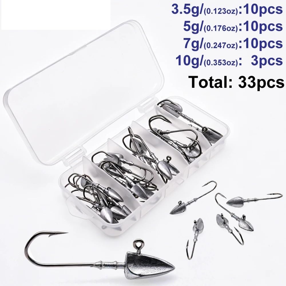 Anzuelos de Pesca 33 unids/Caja 3,5g/5g/7g/10g anzuelos de Cabeza Triangular for Aparejos Pesca Gusanos Blandos Anzuelo mar Cebo Combinado