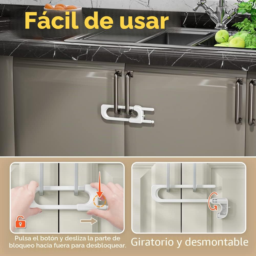 EUDEMON Paquete de 3 cerraduras de gabinete en forma de U a prueba de niños, cerradura de seguridad para bebés para pomos y asas en armario, tocador, cocina, almacenamiento, fácil de instalar