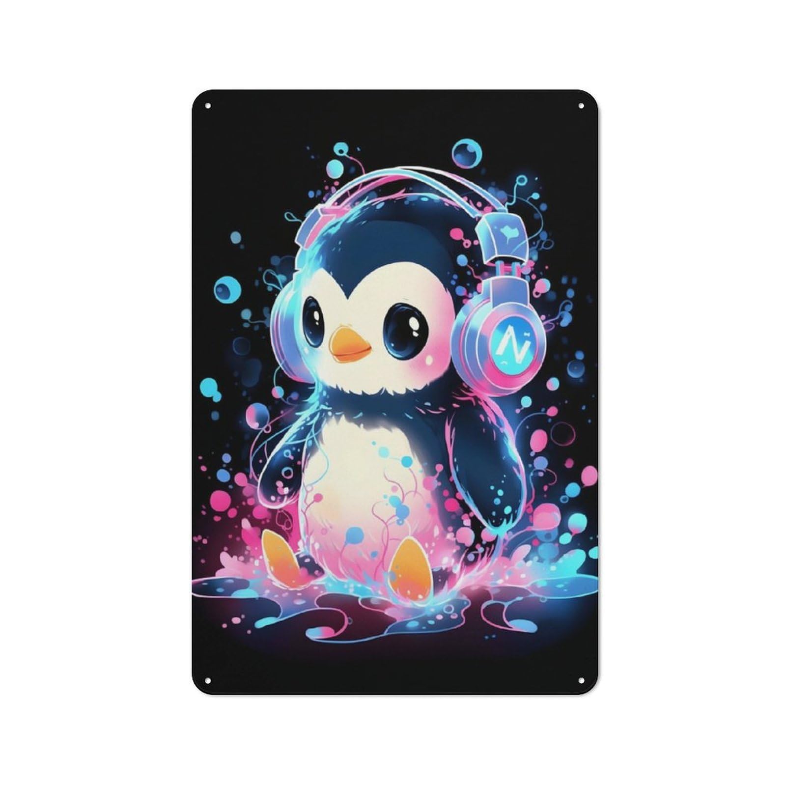 Junmoney Bubble Penguin Headphones Rustic Metal Sign 30X20cm For Living Room Or Hallway, For Winter Room Styling In Living Room And Hallway