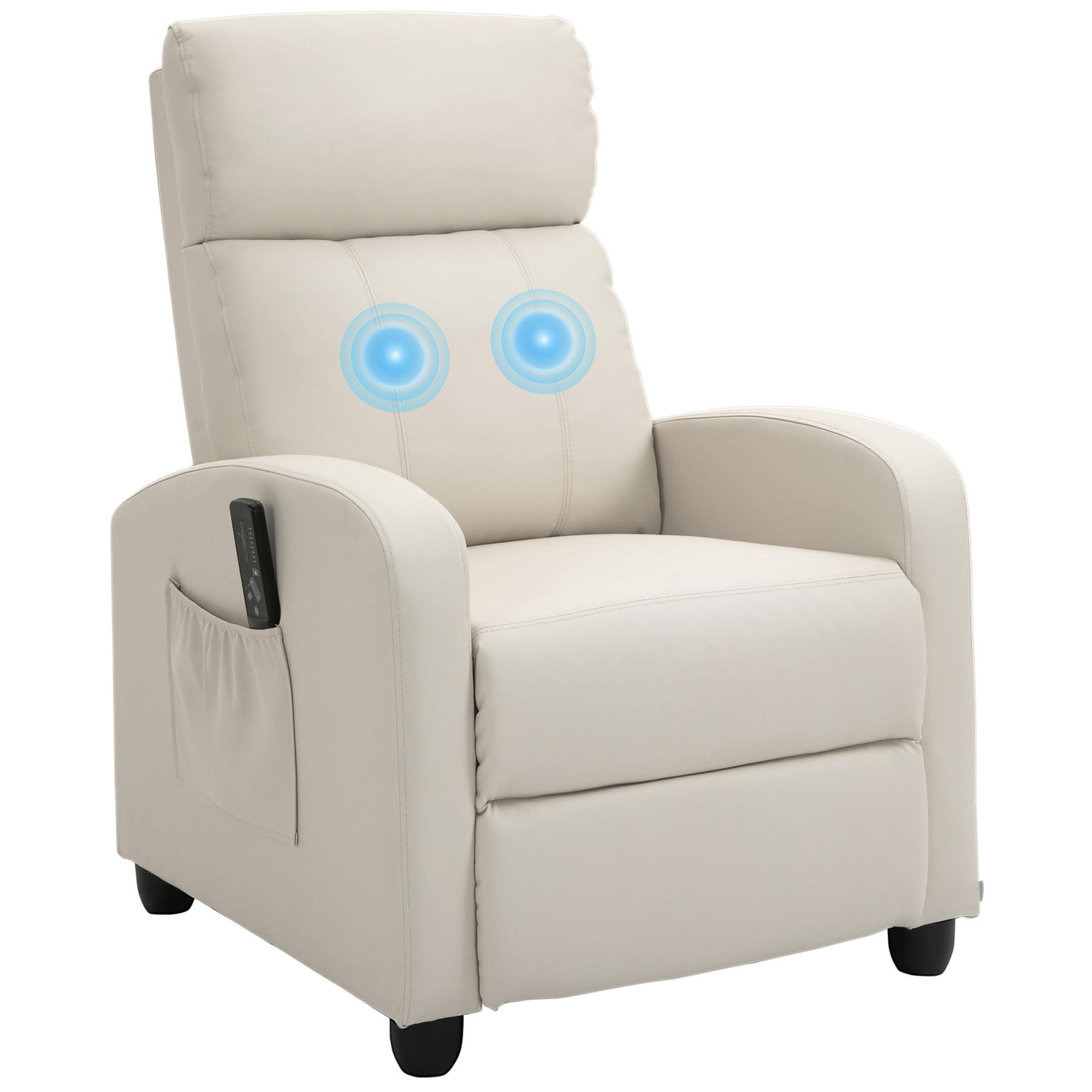 HOMCOM Sillón de Masaje Sillón Relax Reclinable con Mando a Distancia 2 Zonas de Masaje 8 Programas 5 Niveles de Intensidad 1 Bolsillo Lateral y Temporizador Tapizado en PU 68x88x98 cm Crema