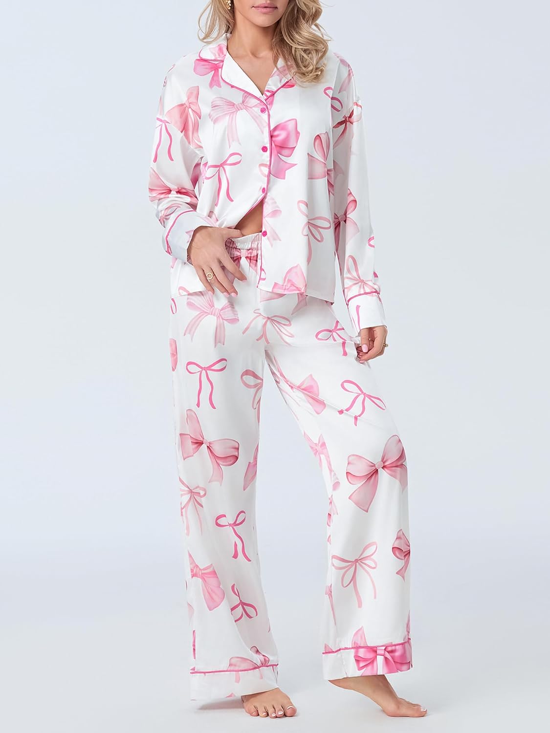 Bow Pajamas for Women Long Sleeve Button Shirt Lounge Pants Pjs Set Silk Satin 2 Piece Sleepwear - Image 2