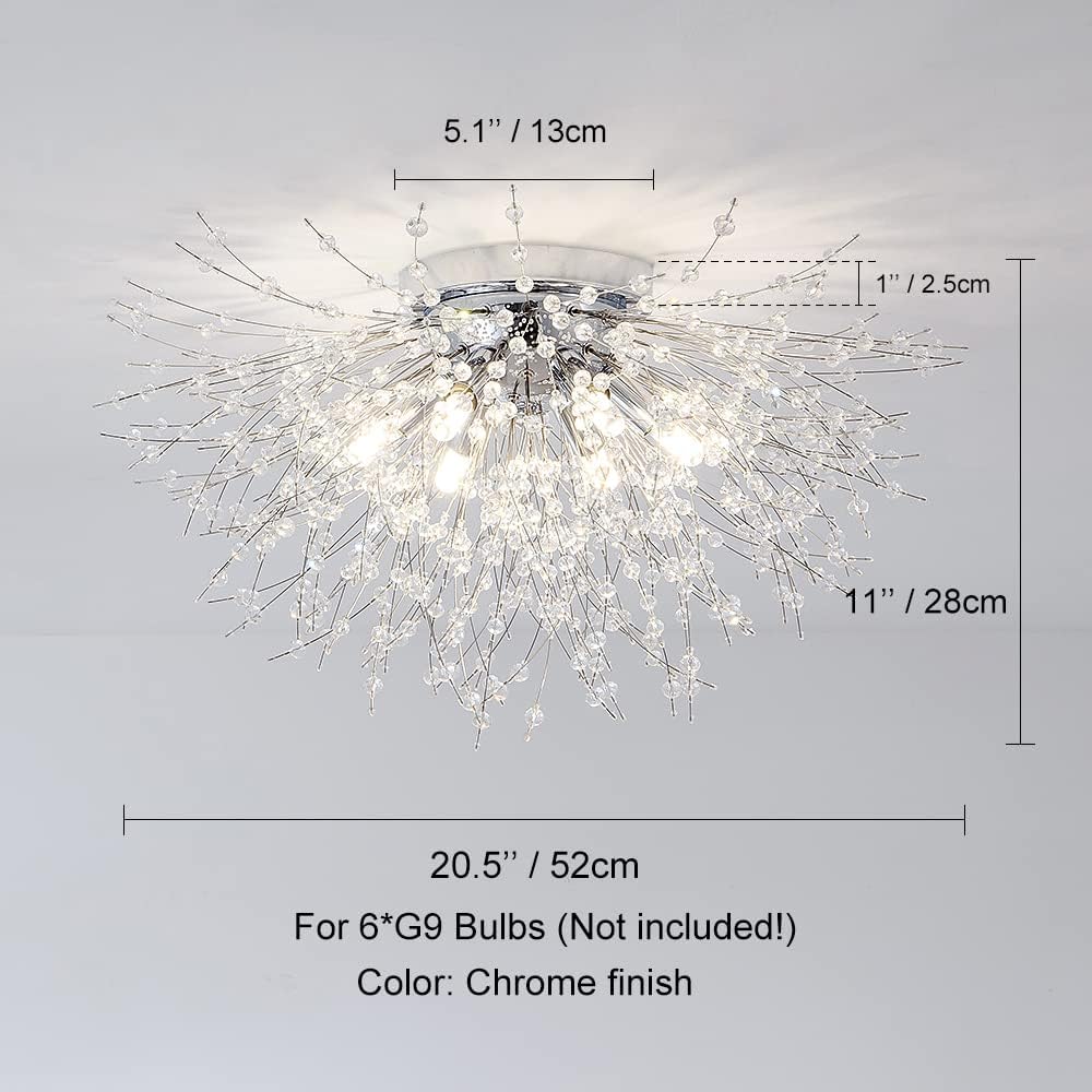 Woknos Modern Crystals Firework Ceiling Light, 6-Lights Sputnik Close to Ceiling Light Fixture,Dandelion Chrome Lighting Semi Flush Mount Lights for Bedroom Dining Room Bathroom Hallway Entryway - - 