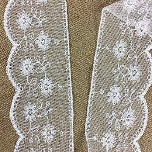 Scalloped Mesh Lace Embroidery Trim, 3.5" Wide, White, Multi-Use Garments Gowns Veils Bridal Communion Christening Slip Extender Diy Sewing (White, 15 Yds) #TOP3