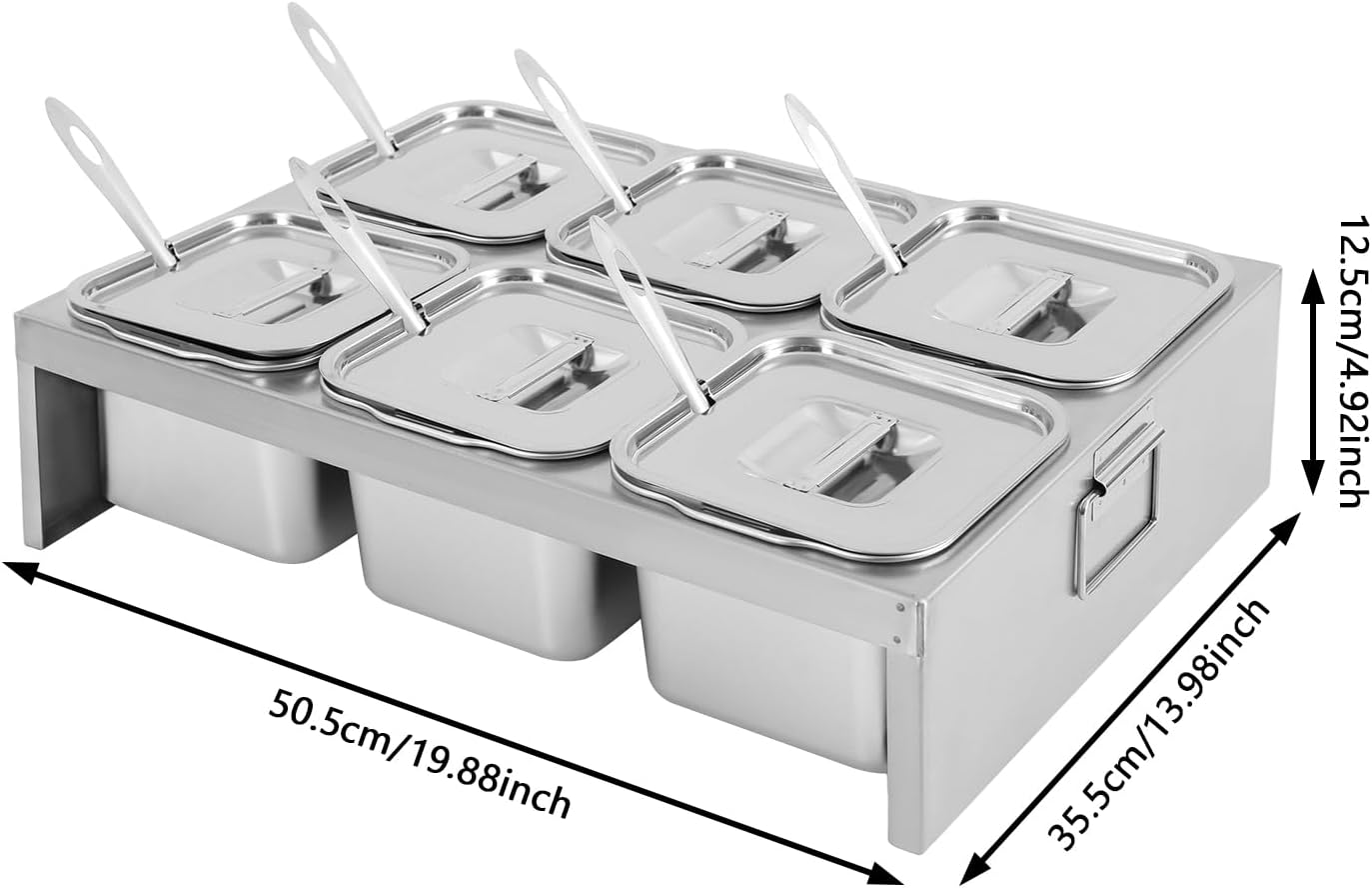 6-Container Pizza Topping Station, Stainless Steel Condiment Containers with Lids & Spoons, Seasoning Organizer Box for Ingredients Sauce Salad Jam Fruits