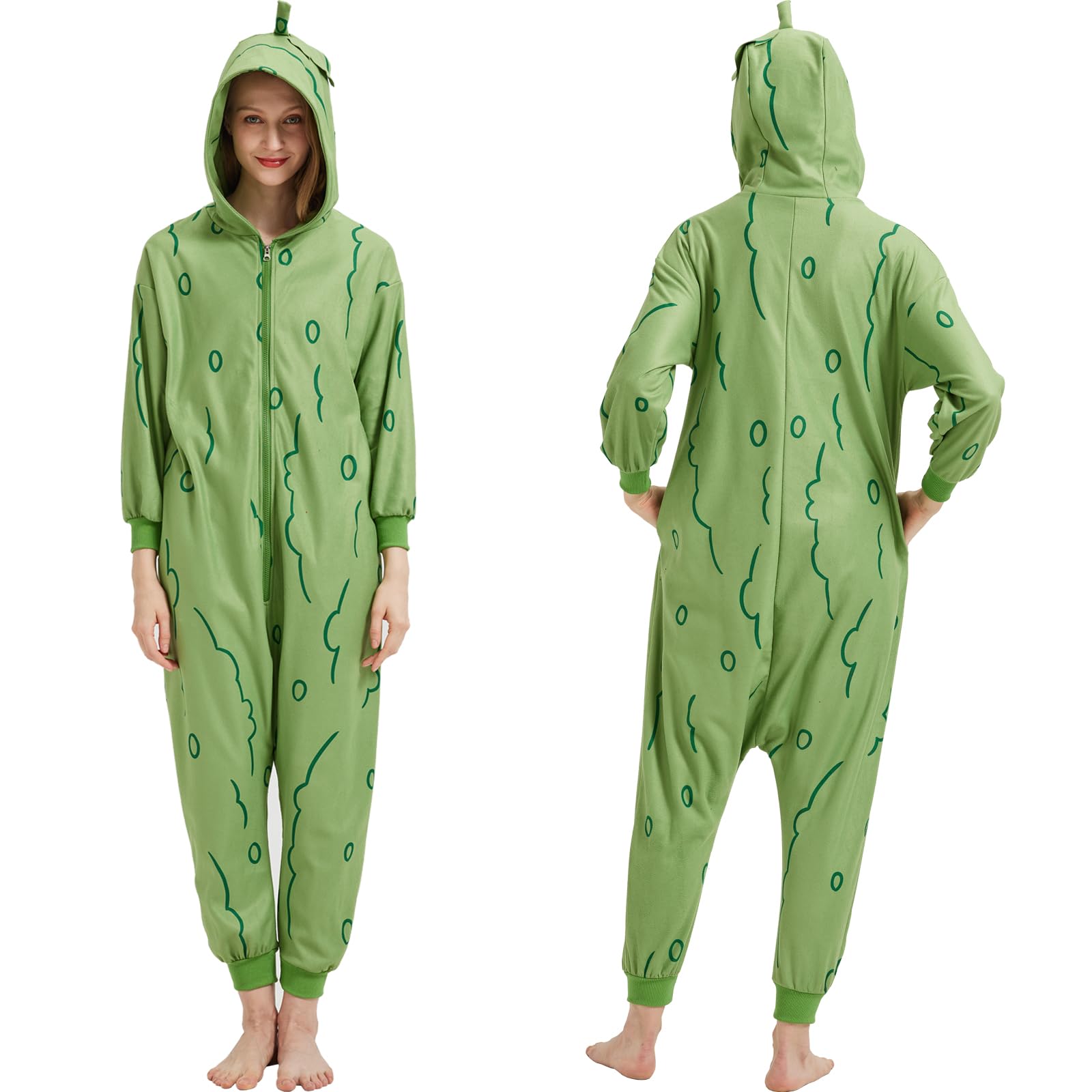 CUTTUECD Adult Pickle Onesie Cucumber Costume, Halloween Fruit & Vegetable Cosplay One-Piece for Women and Men