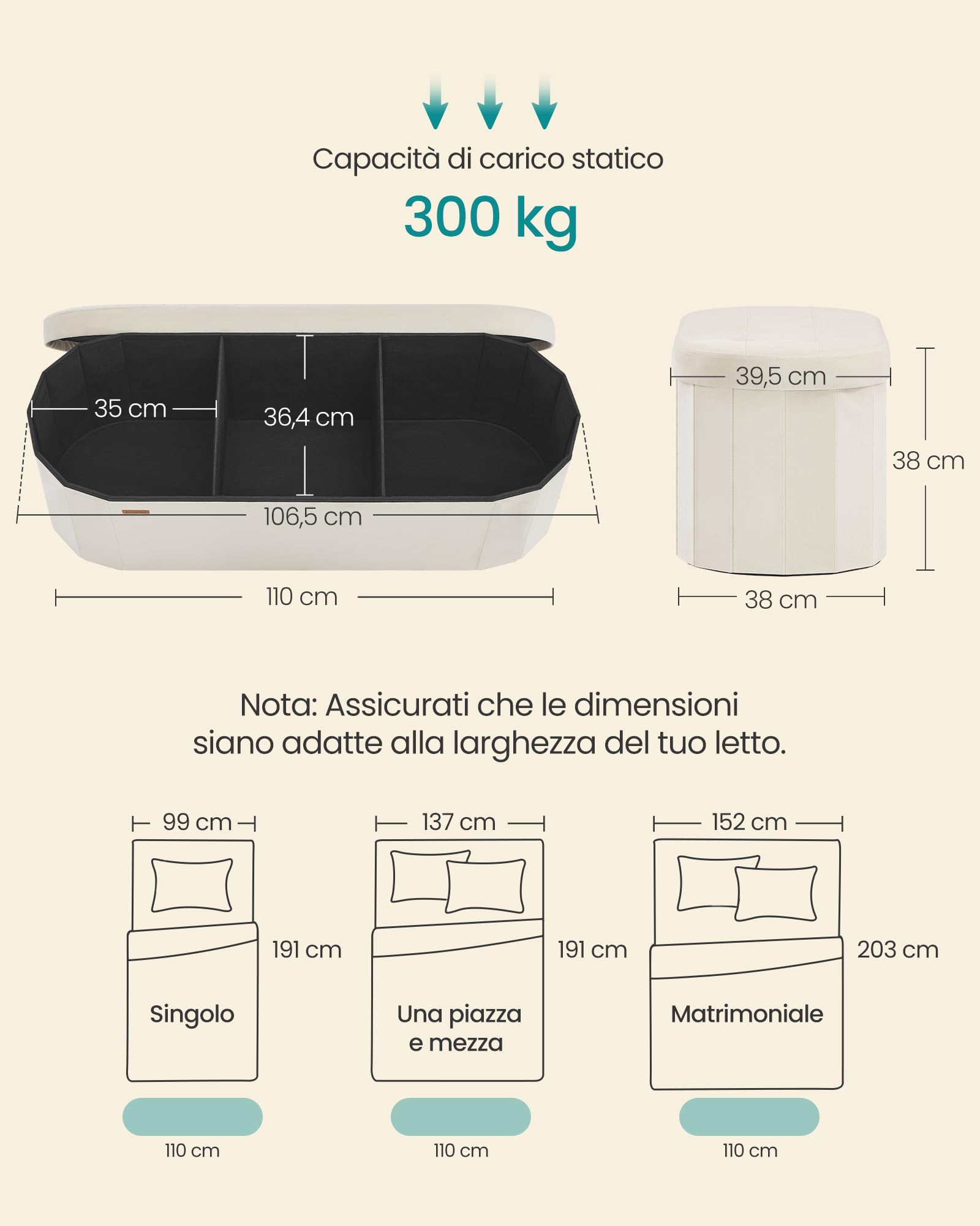 SONGMICS Cassapanca, Pouf Contenitore, Poggiapiedi Pieghevole, Montaggio Facile, per Soggiorno, Ingresso, Camera da Letto, in Velluto, Capacità110 L, 38 x 110 x 38 cm, Bianco Crema LSF297LH01