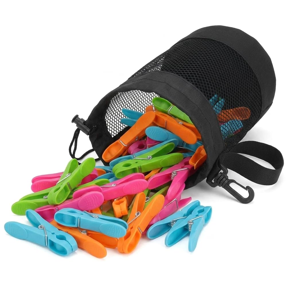 Peg Bag + 24 Clothes Pegs Set, Heavy Duty Drawstring Hanging Laundry Peg Holder with Snap Hook Clip, Strong Windproof Coloured Washing Line Pegs for Indoor & Outdoor Drying (25)