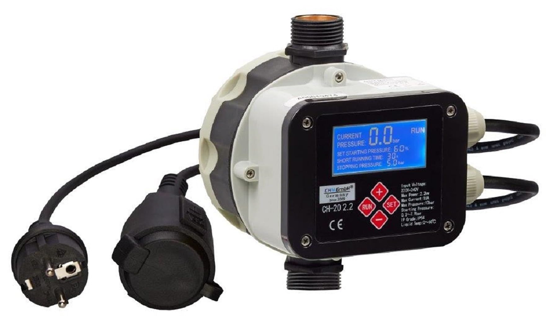 Pumpensteuerung mit LCD Display bis max.10 bar und 2,2 kW Druckschalter CH20 (EIN- und Abschaltdruck einstellbar) mit Trockenlaufschutz Druckwächter von CHM GmbH®