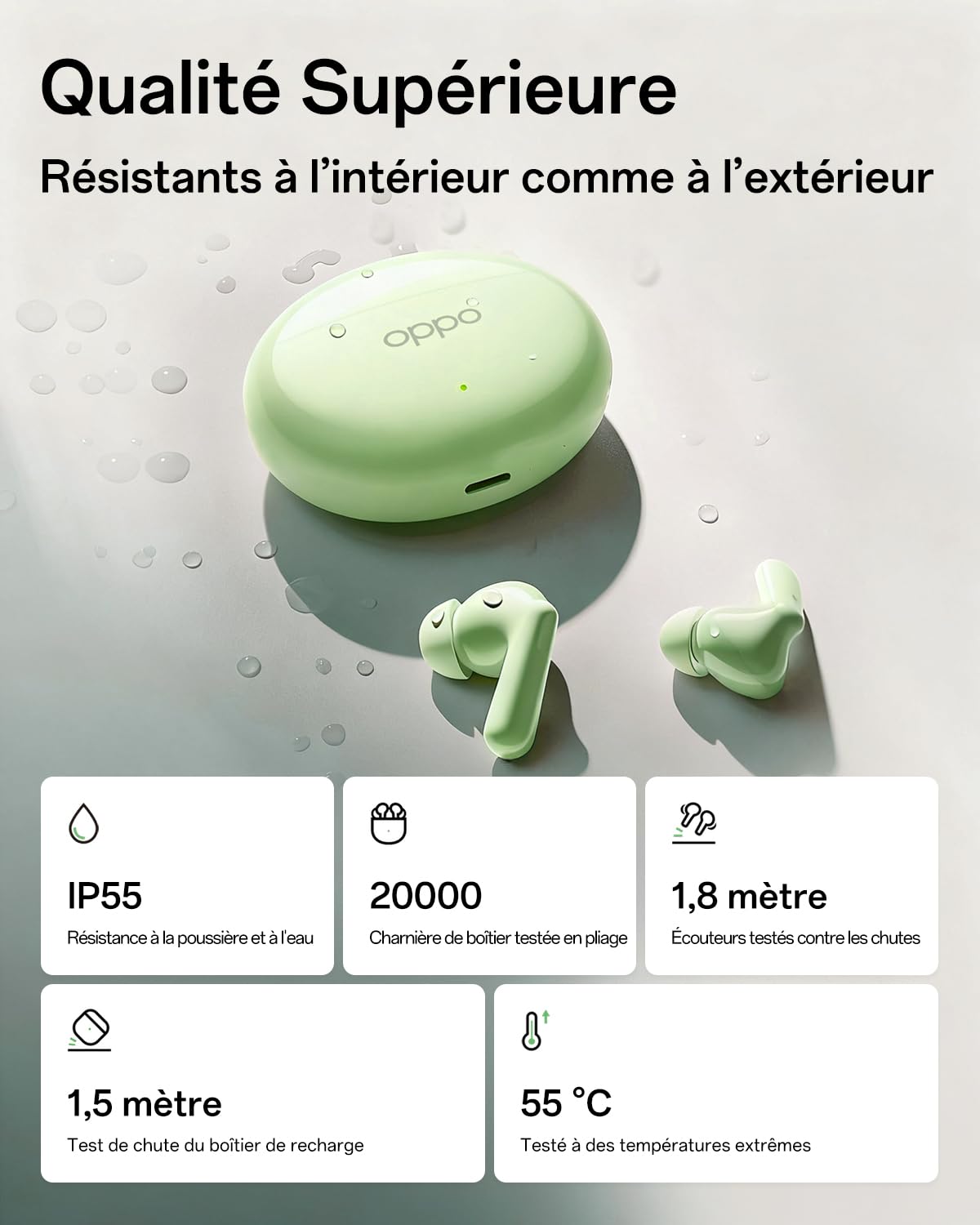 OPPO Enco Air4 Écouteurs sans Fil véritables, Casque stéréo Intra-Auriculaires Bluetooth 5.4, 44h d'écoute, Réduction de Bruit Active de 32dB, Double Micro, Basses Profondes, IP55, Fresh Mint