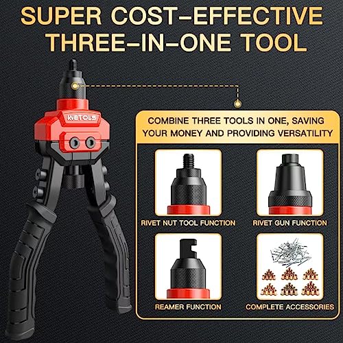 Image of WETOLS 3 in 1 Rivet Nut Tool, Rivet Gun, Reamer Set, Professional Rivet Gun Kit with 5 Rivet Heads and 6 Metric & SAE Mandrels, Hand Riveter Tool with 50 Rivets and 60 Rivet Nuts, Sturdy Case, WE-890
