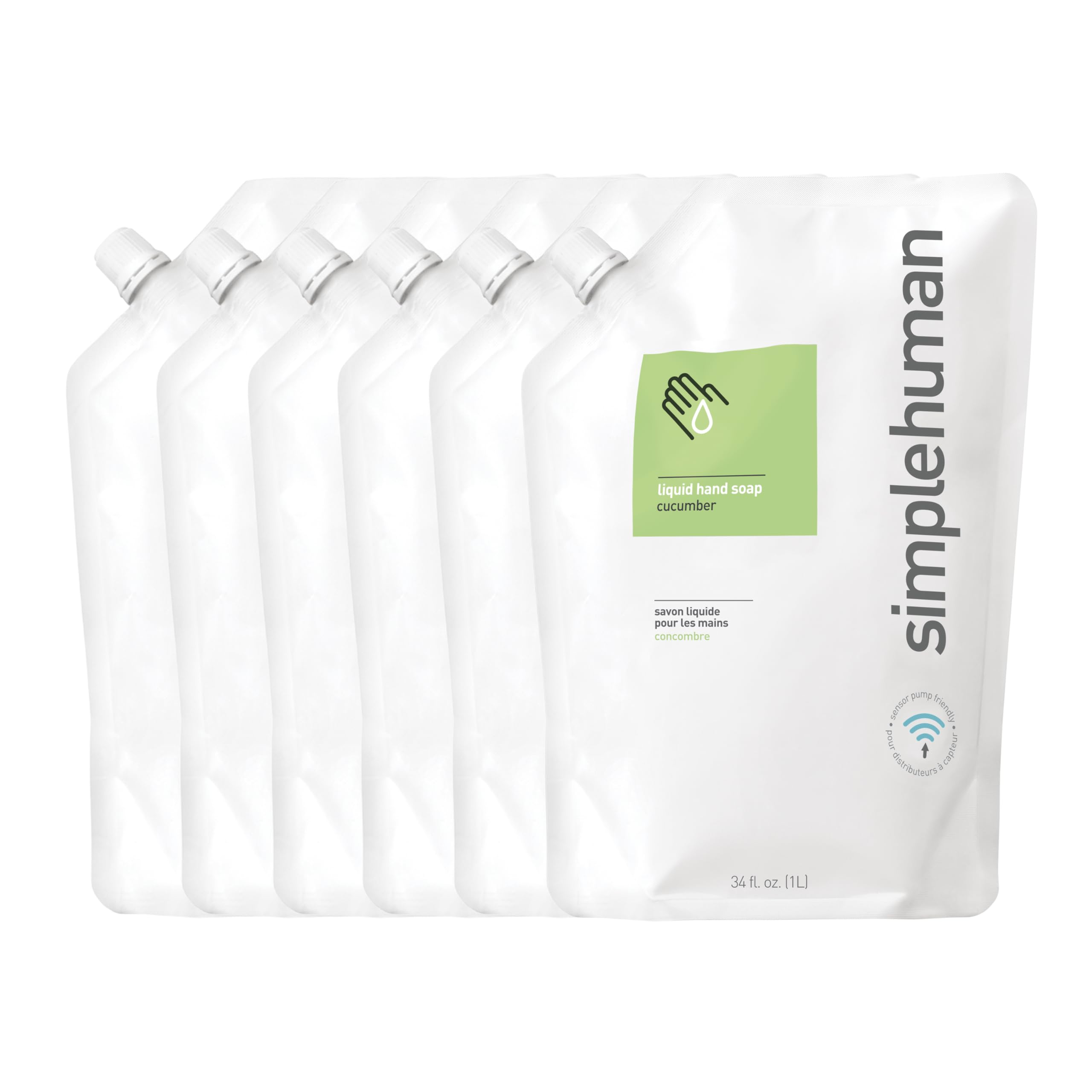 simplehuman Moisturising 1 Litre Liquid Hand Soap 6 Refill Pouches (Cucumber, 6 Refill Pouches)