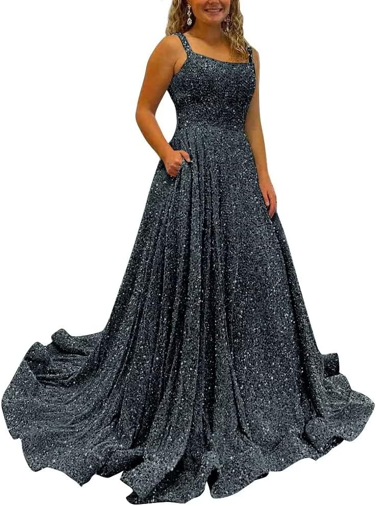 Sparkly Sequins A Line Prom Dresses Long Spaghetti Straps Party Dresses Backless Wide Hem Ball Gowns for Women