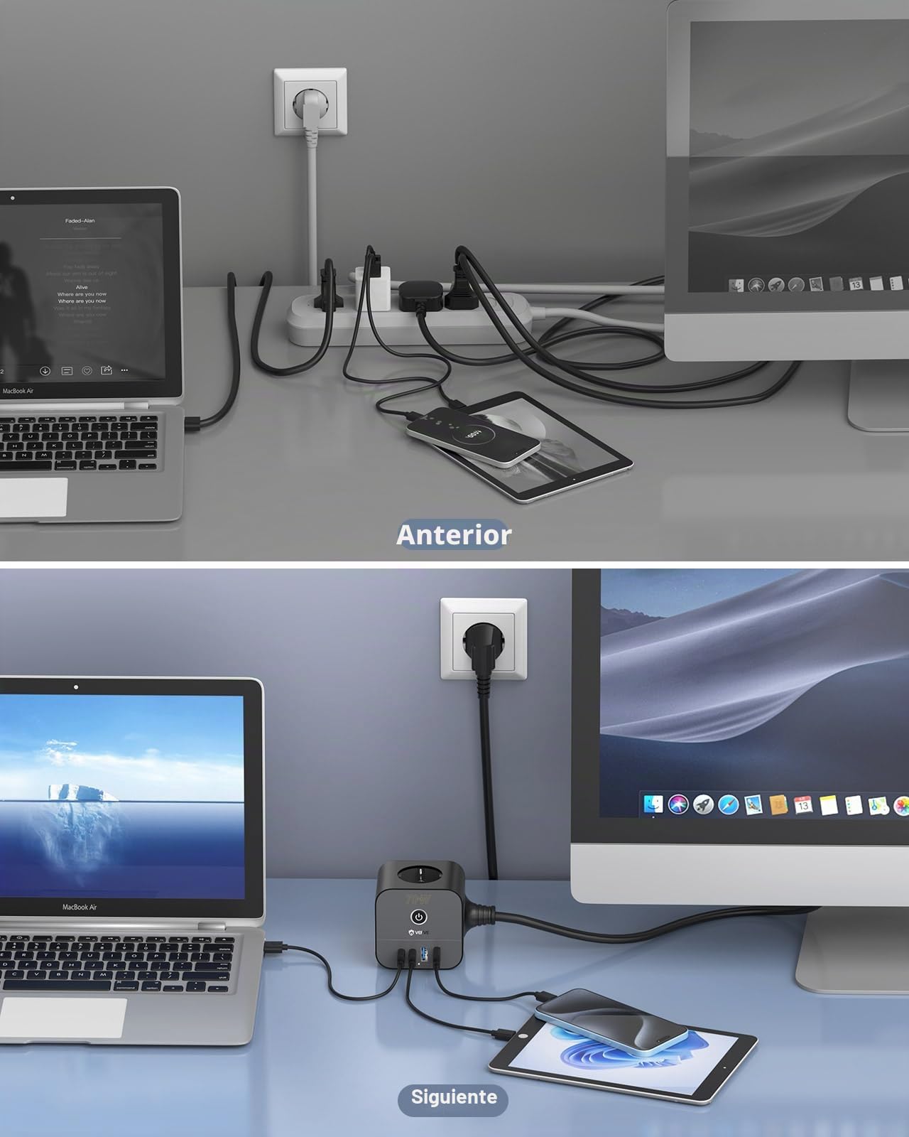 VEFVE Cubo Regleta 70W GAN, Cargador Rápido USB C, Ladrón Enchufes 7 en 1 con Interruptor, Compatible con iPhone 17, Galaxy S26, MacBook, Cable 3m, Negro