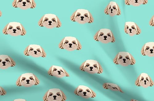 Spoonflower Tela Shih Tzu Perros Patrón Verde Azulado Lindos Animales Aqua Fun Mascotas Impresas en Petal Signature Tela de Algodón Fat Quarter