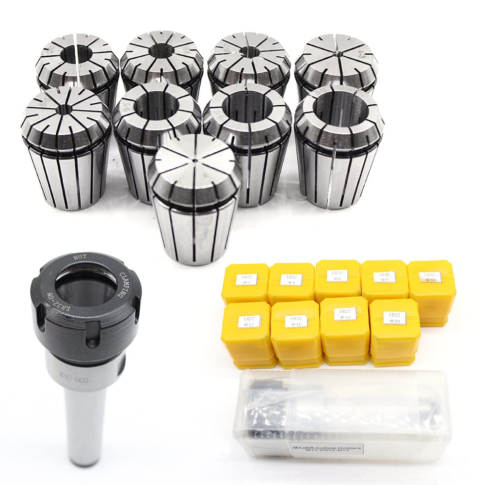 ER32 MT3 M12 Lot de 9 pinces de serrage à ressort de précision, Mandrin 2/4/6/8/10/12/16/18/20 mm, Métal, Compatible avec Tour, Rectifieuse, Perceuse, Fraiseuse