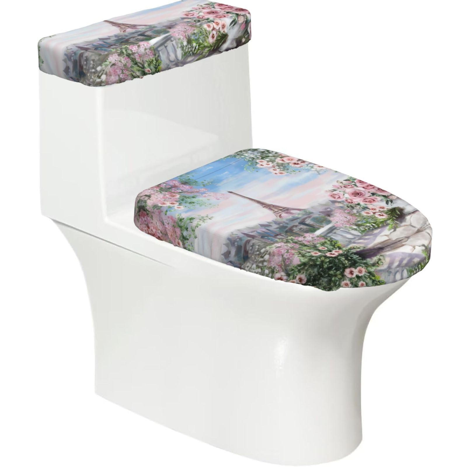 Beautiful Tower Paris 2-Piece Toilet Seat Cover Set with Tank Lid - Elastic for U-Shape & Elongated - Bathroom Decor
