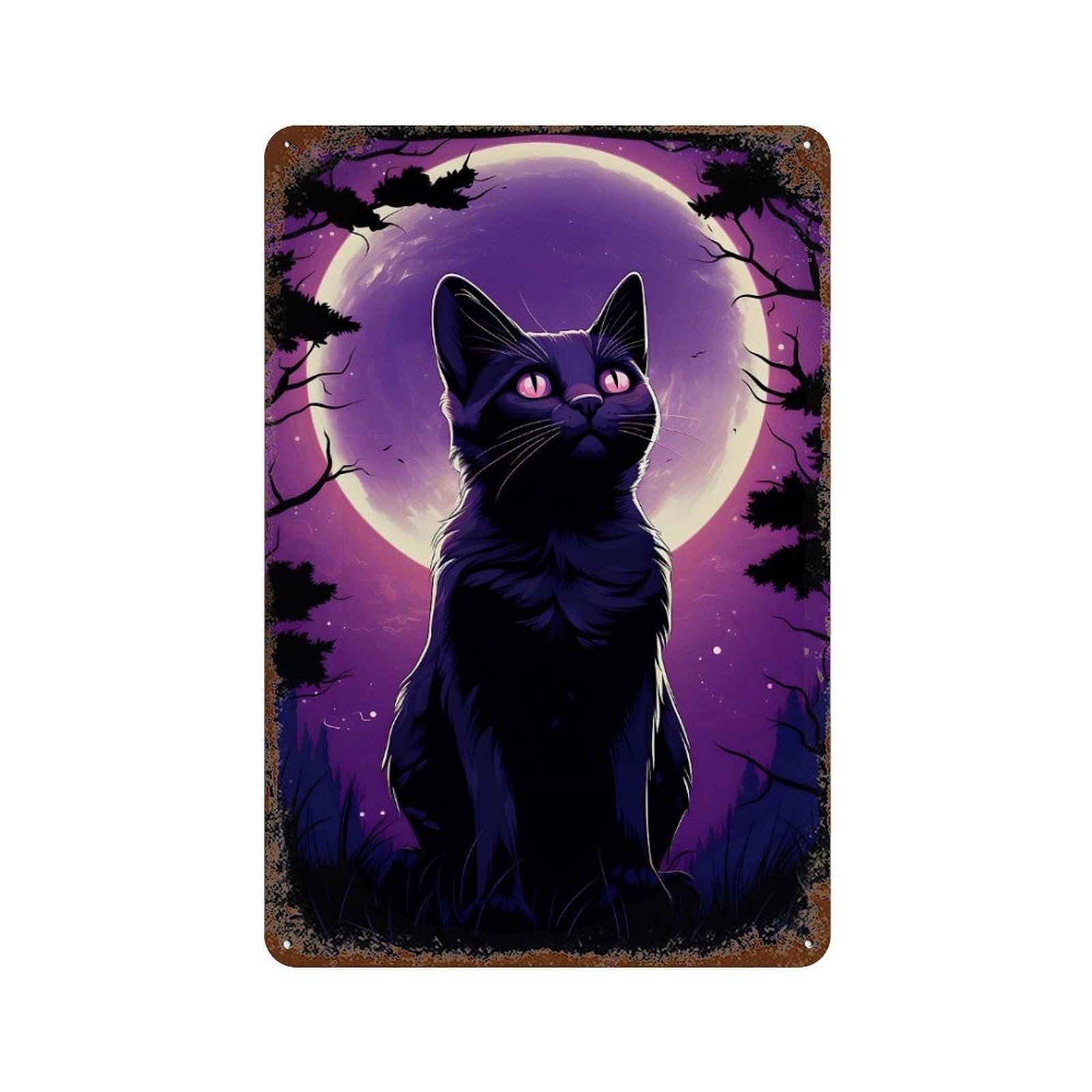 Siluet Cat Moonlight Rusty Metal Tin Sign 11.8"x7.9", for Pub, Kitchen And Man Cave Decor, Novelty Wall Decor