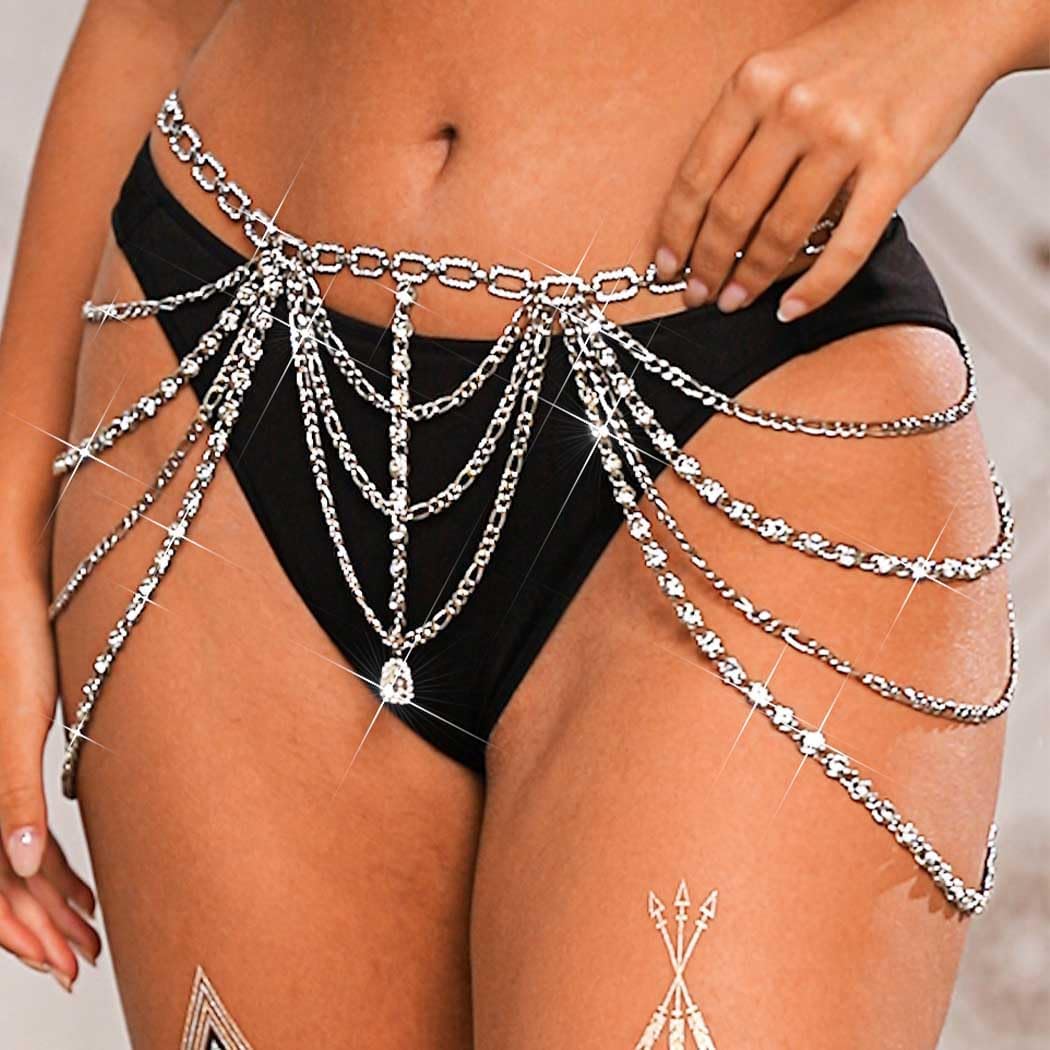 JEWEKY Silver Body Chain Jewelry Rhinestone Belly Chain for women