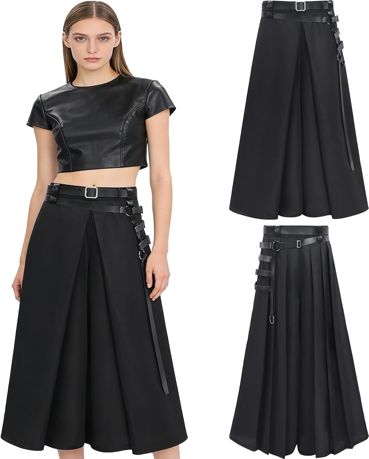 Men's Gothic Skirt Pants Black Pleated Loose Harem Pants Japanese Samurai Wide Leg Pants with Belt
