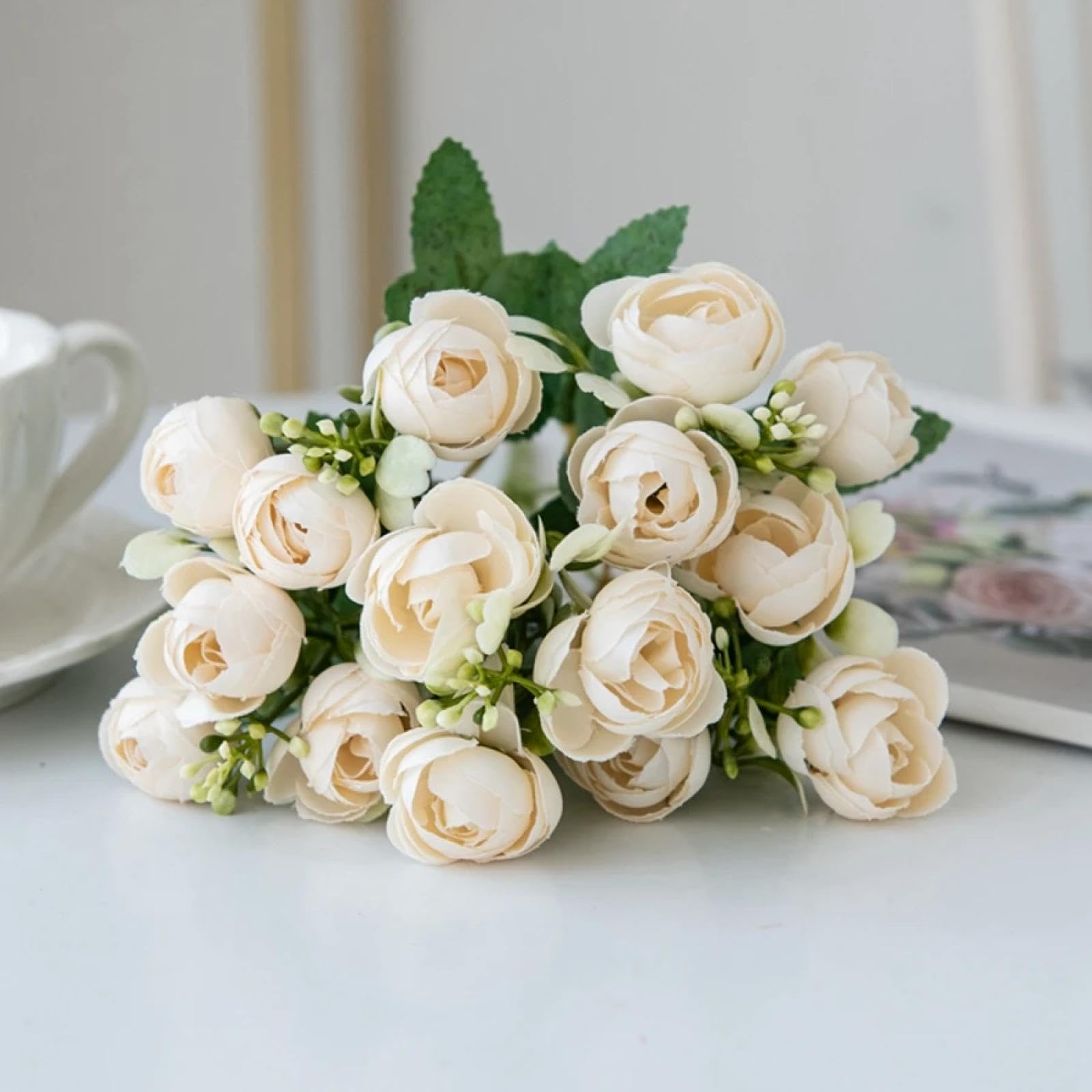 Fleurs artificielles en soie blanche et fourchettes de décoration pour mariage et maison (lot de 3)
