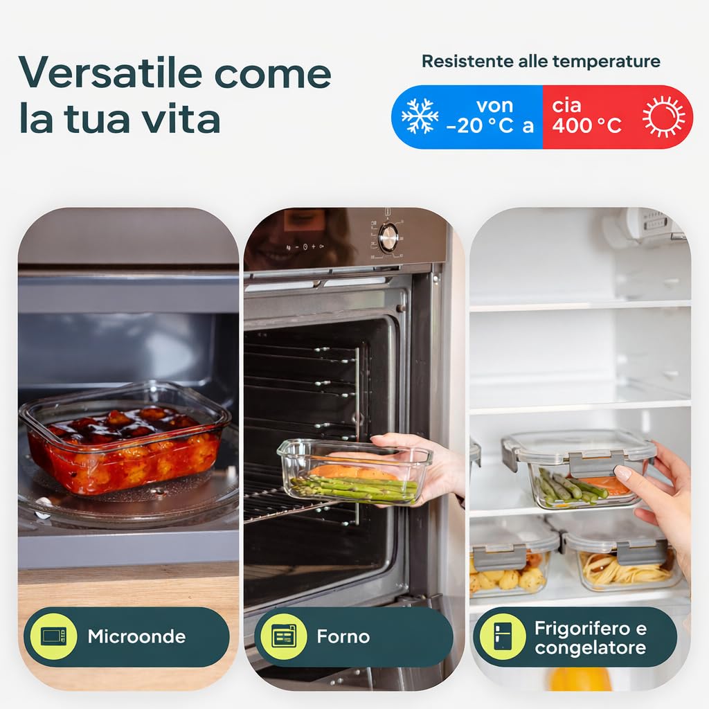 uandu Set di 10 Contenitori Ermetici per Alimenti in Vetro Borosilicato con Coperchio, Meal Prep, Senza BPA, per Microonde, Forno, Frigo, Freezer e Lavastoviglie