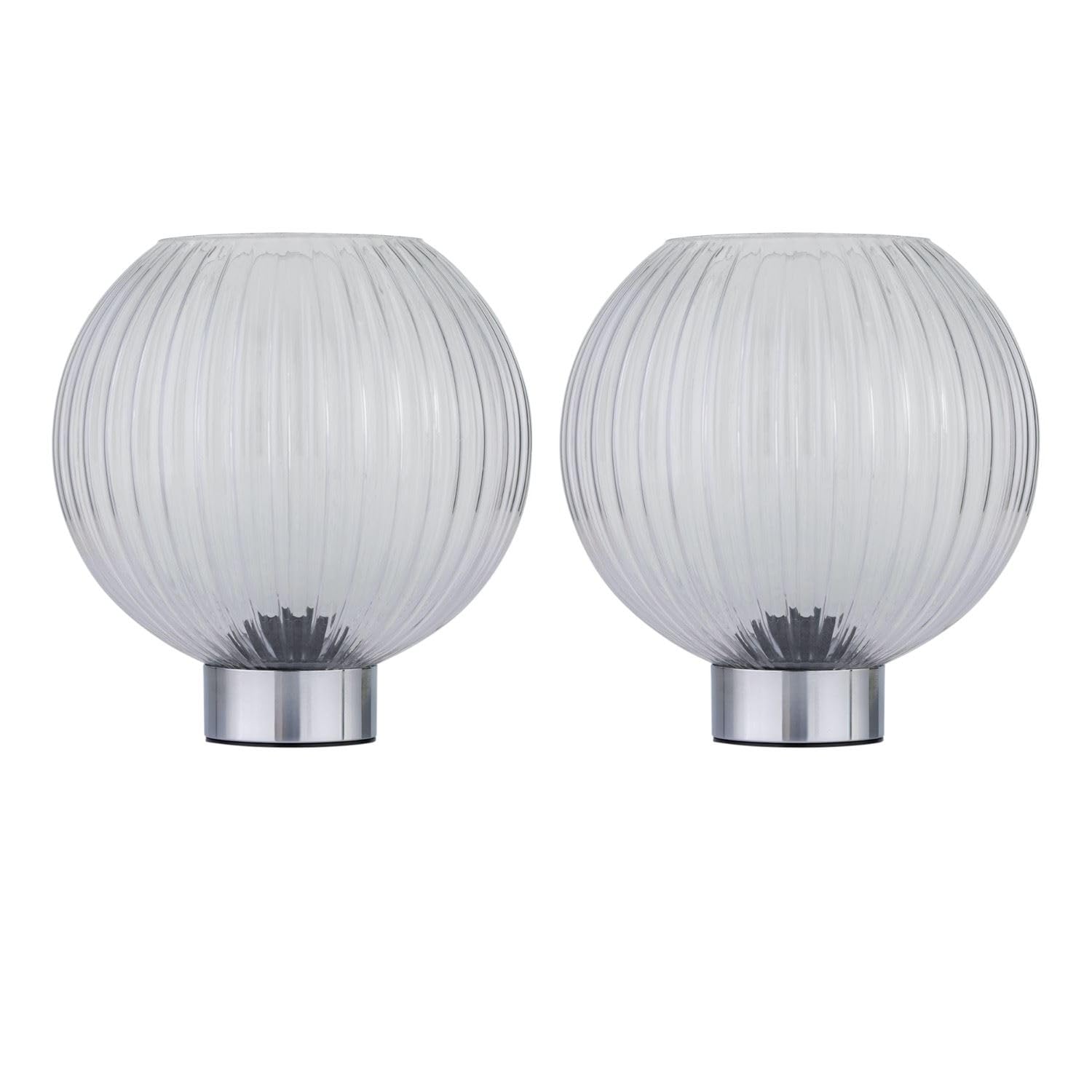 Firstchoicelighting Chrome & Clear Set Of 2 Battery Operated Table Lamps Or Bedside Lights, Chrome With Clear Ribbed Glass, 2W S14 Bulb Included, 22Cm Height