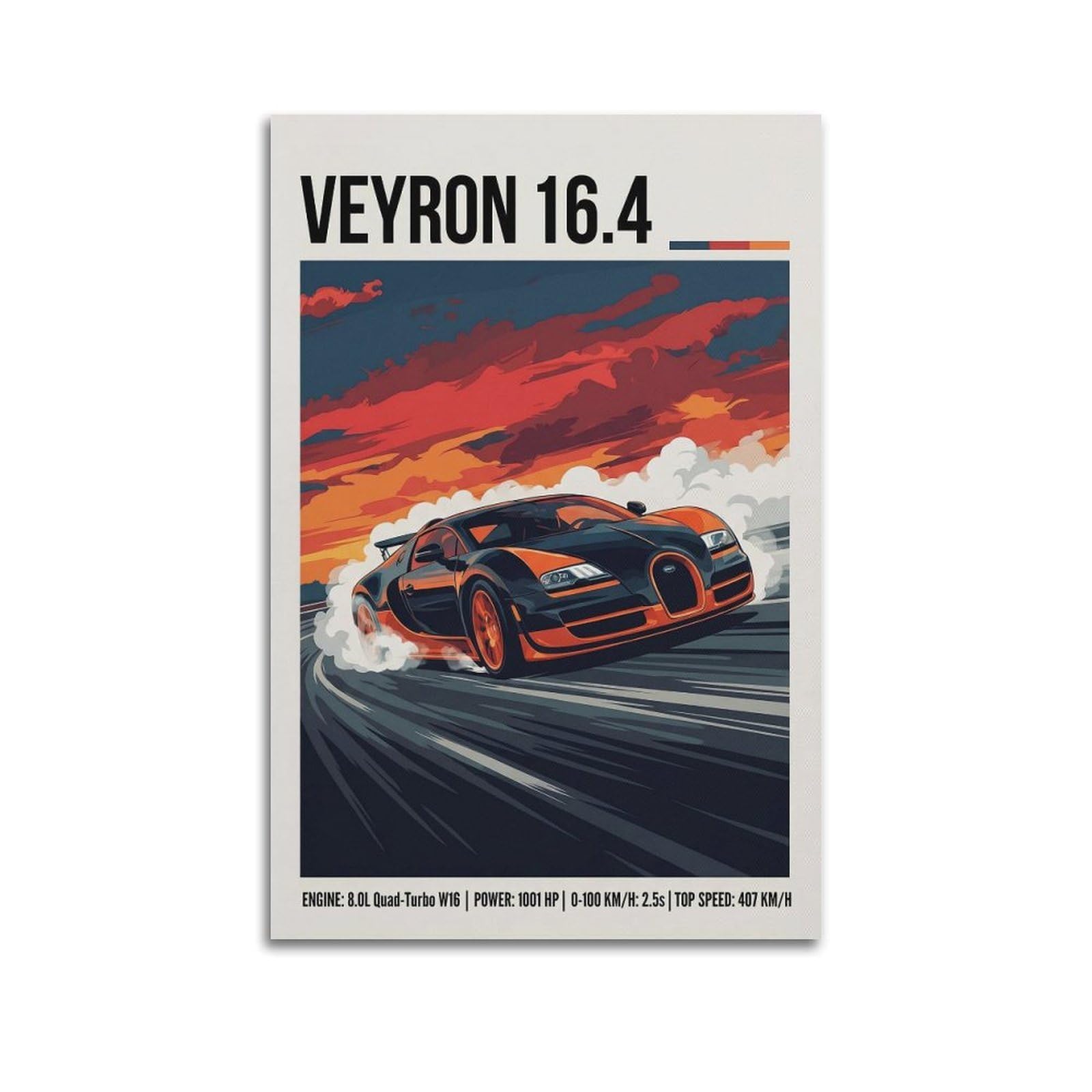 XKUGA Supercar Poster W16 Engine Veyron 16.4 Racing Modern Decorative Canvas Prints - Ideal Wall Art for Family, Man Cave, Game Room, Boys & Girls Bedroom 20x30inch(50x75cm)