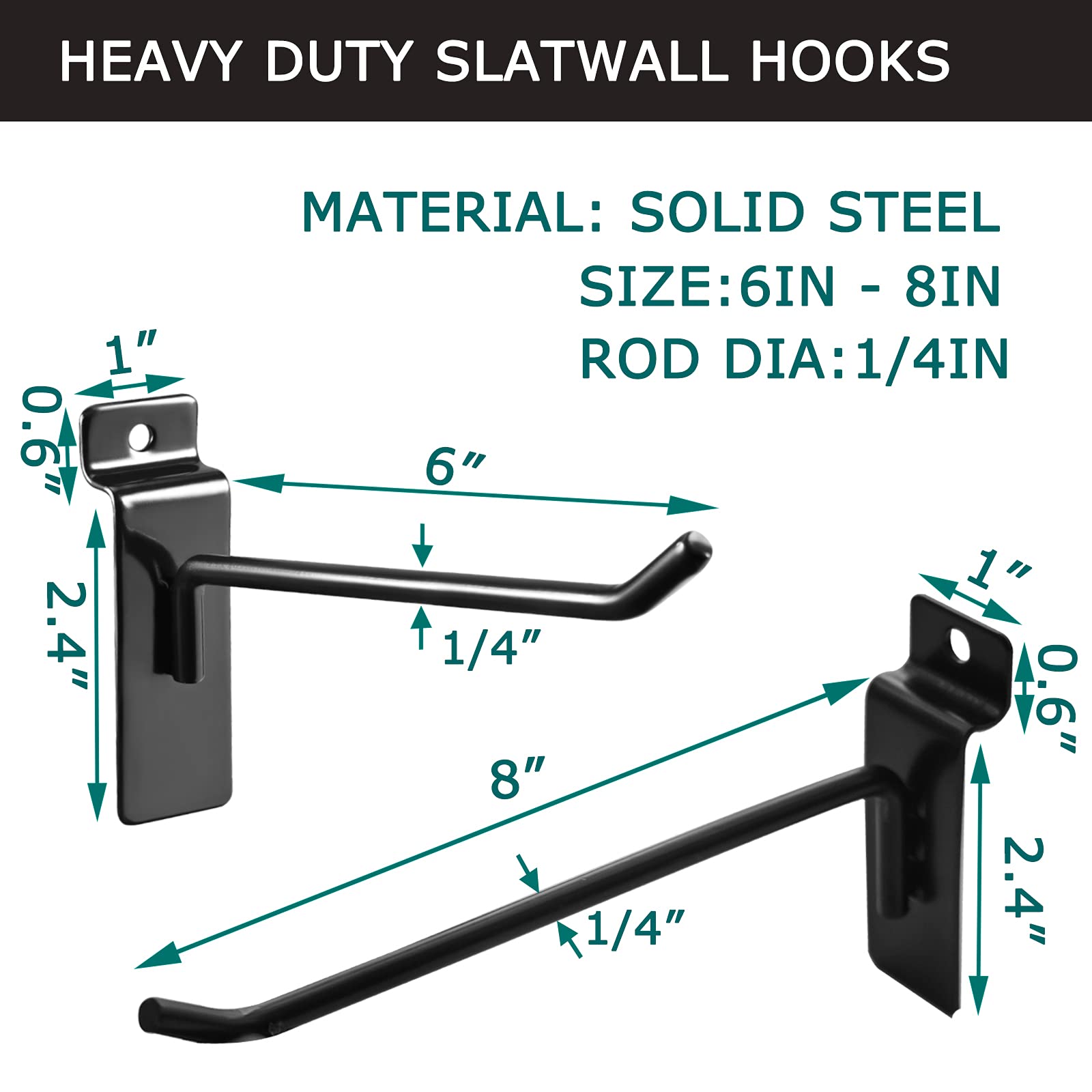 48Pack 6"and 8" Black Slatwall Hooks, Heavy Duty Slatwall Hooks & Hangers for Commercial Retail and Exhibition, 1/4?Ç¥Dia Slatwall Panel Hooks Metal Pegboard Hooks for Garage Shop Supermarket